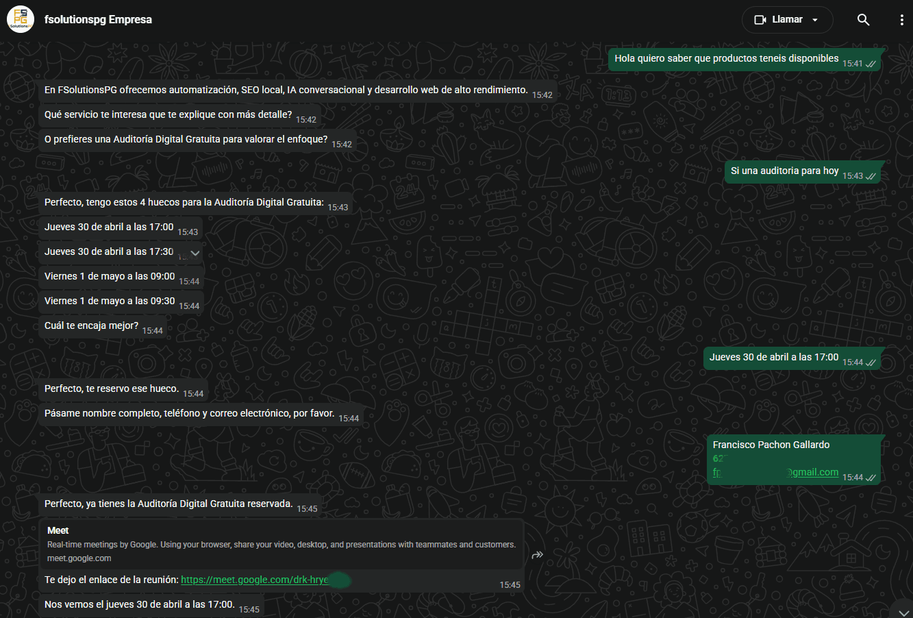Agente de WhatsApp IA funcionando en tiempo real — FSolutionsPG
